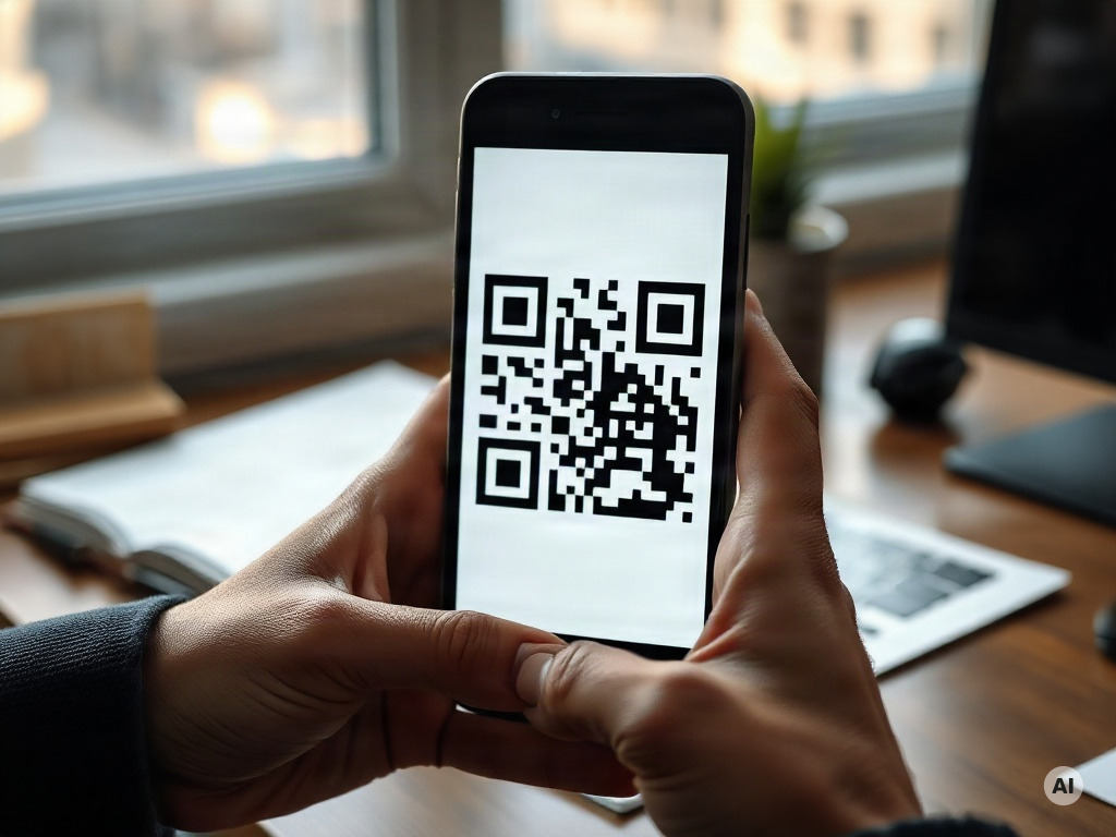 A phone being used to inspect a QR image - AI-generated illustration, not a working QR sample