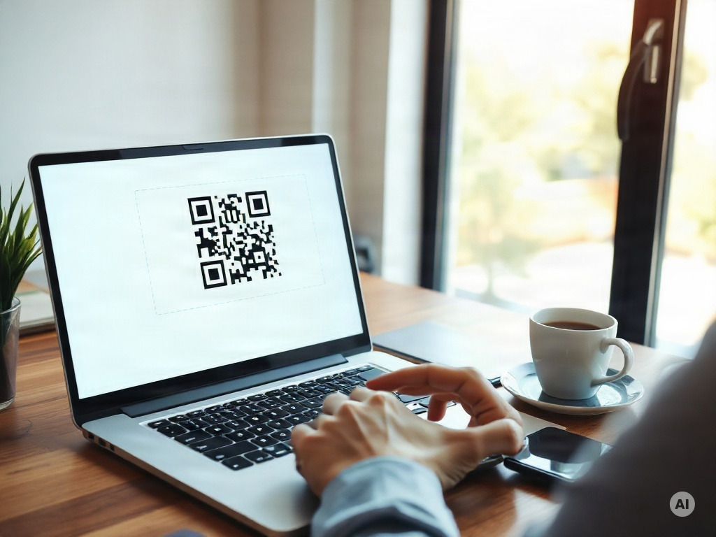 A person working at a wooden desk by a bright window, viewing a laptop screen that displays a QR code within an open email - AI-generated image