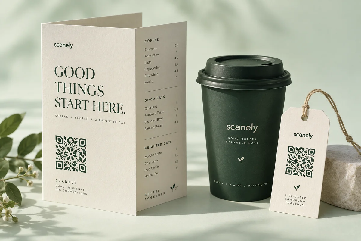 Cream printed menu and forest-green coffee cup with decorative QR motifs