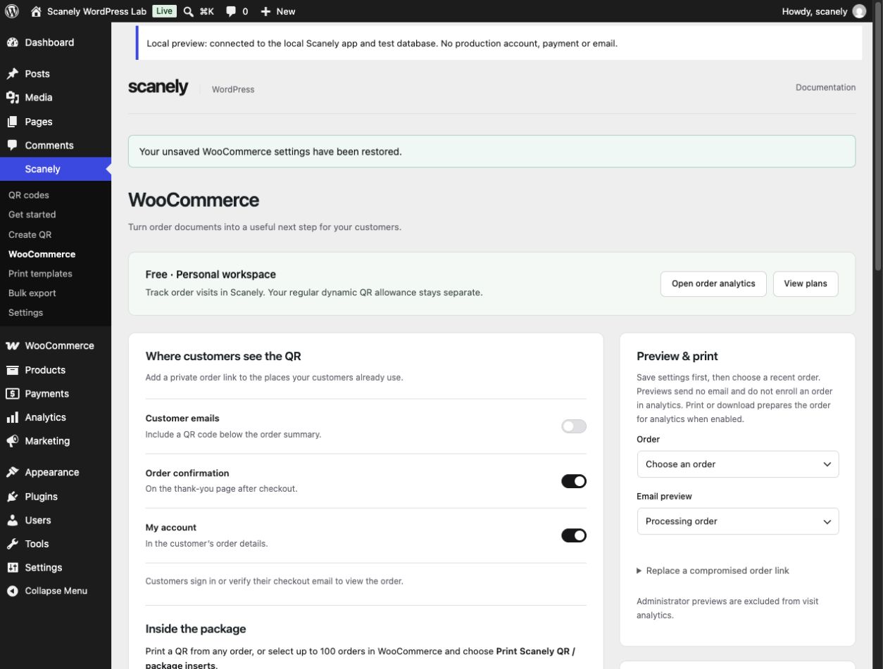 Separate WooCommerce QR placement switches in Scanely